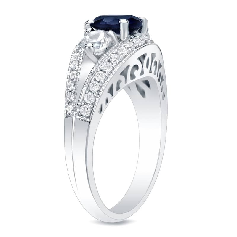 Auriya 14k Gold 1ct Vintage Sapphire 3-Stone Diamond Engagement Ring 1/2ctw Split-Shank