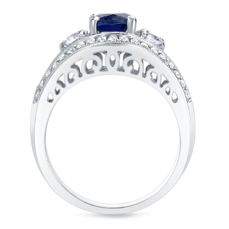 Auriya Vintage 1ct Oval Cut Blue Sapphire and 3/4ctw 3 Stone Diamond Engagement Ring 14k Gold