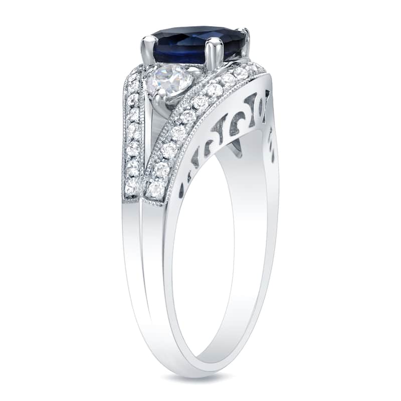 Auriya Vintage 1ct Oval Cut Blue Sapphire and 3/4ctw 3 Stone Diamond Engagement Ring 14k Gold