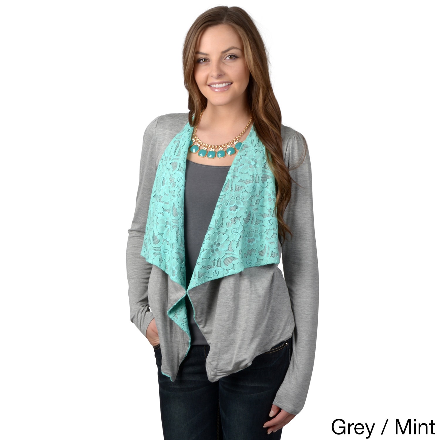 Journee Collection Womens Lace Detail Open front Cardigan