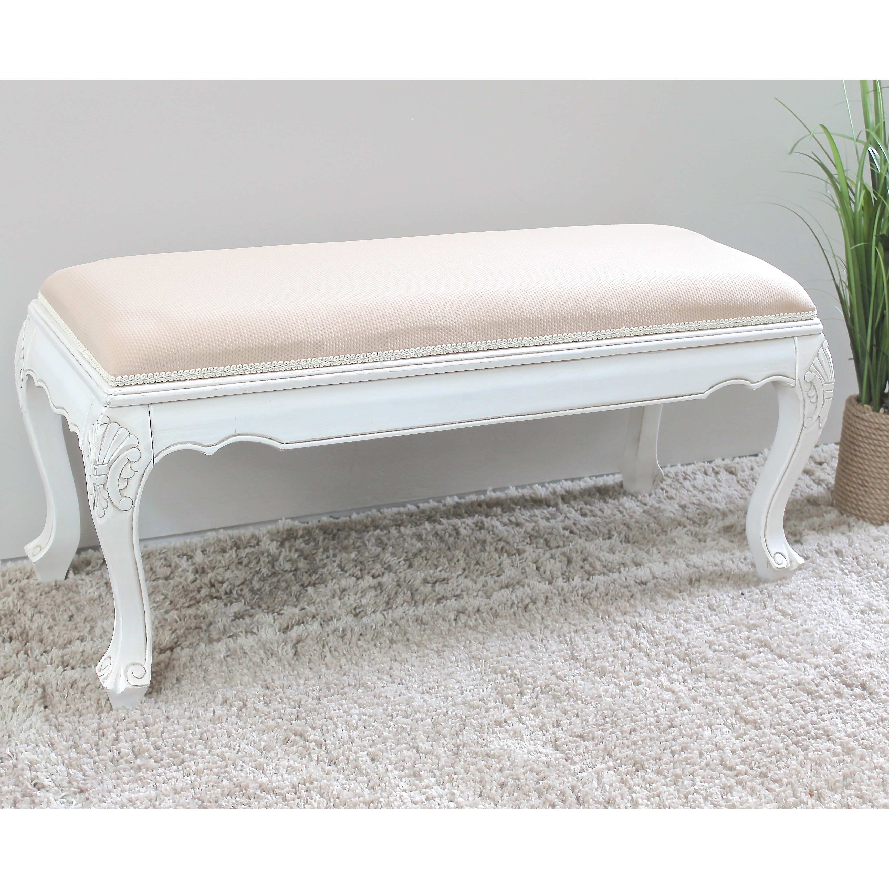 International Caravan Windsor Hand carved Upholstered Antique White Wood Occasional Bench