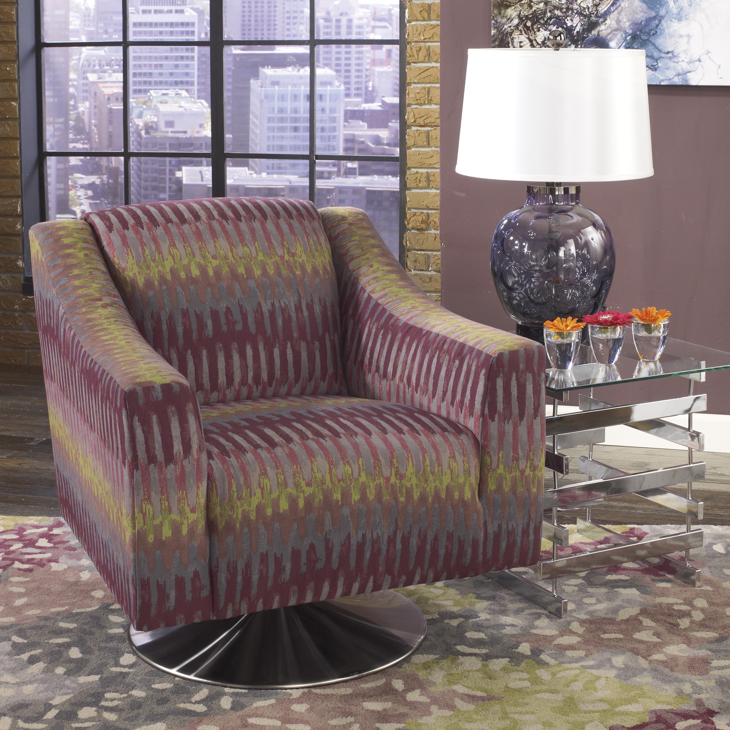 Signature Design By Ashley Sarai Multicolor Durablend Fabric Swivel Chair (GreyMaterials DuraBlend fabric (85 percent polyester/ 15 percent PU), wooden frame, foam insertsDimensions 31 inches wide x 34 inches deep x 33 inches high )