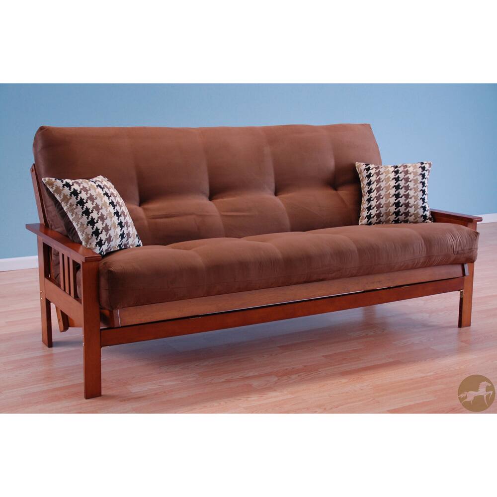 Christopher Knight Home Futon Frame in Honey Oak Wood with Suede Chocolate Innerspring Mattress