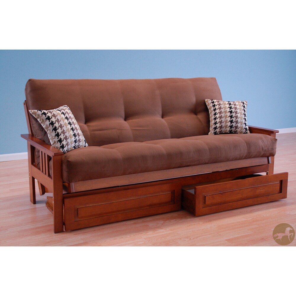 Christopher Knight Home Futon Frame In Honey Oak Wood With Suede Chocolate Innerspring Mattress And Drawer Set