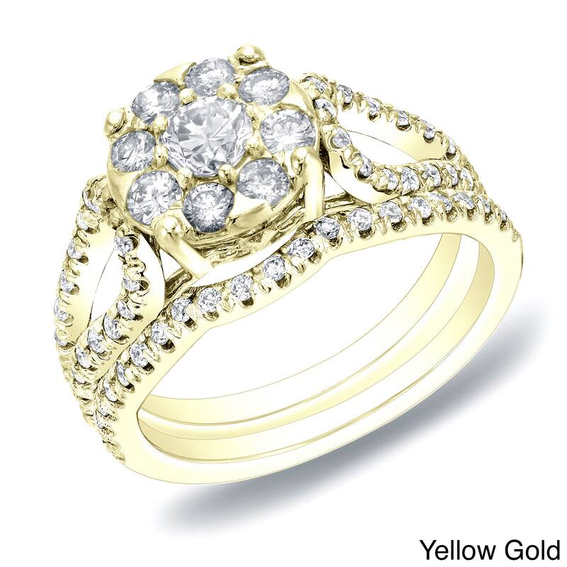 14k Gold 1ct TDW Diamond Halo Engagement Ring Set by Auriya - 4 - Yellow