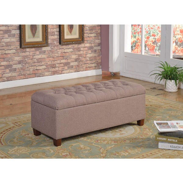 Shop Kinfine Large Camel Linen Tufted Storage Bench Free Shipping