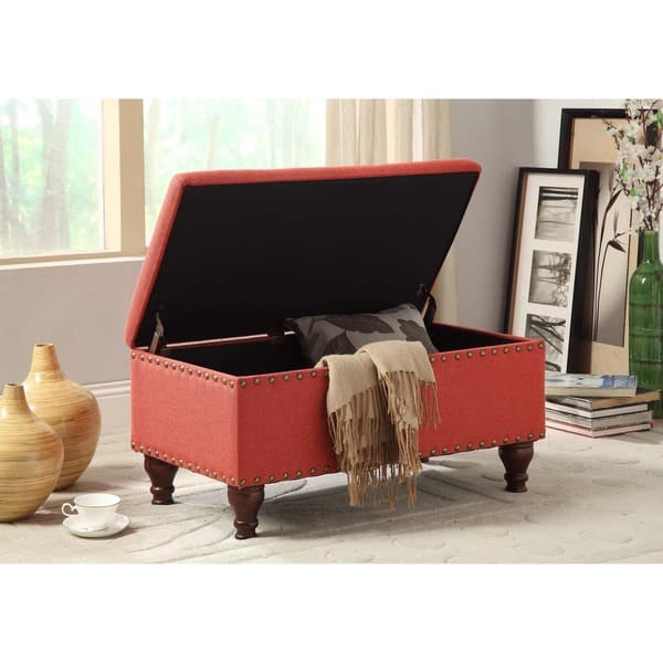 HomePop Linen Storage Bench with Nailhead Trim and Hinged Lid Red