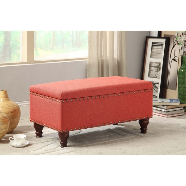 HomePop Red Linen Nailhead Trim Storage Bench