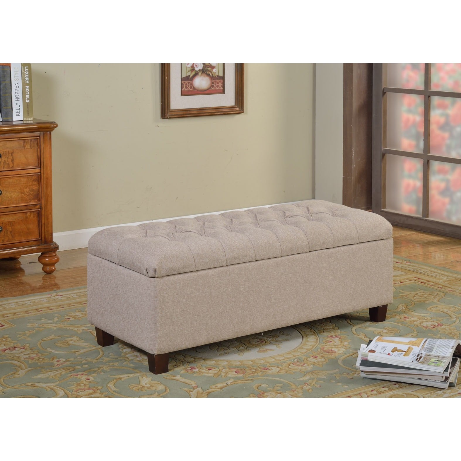 Kinfine Large Vanilla Linen Tufted Storage Bench