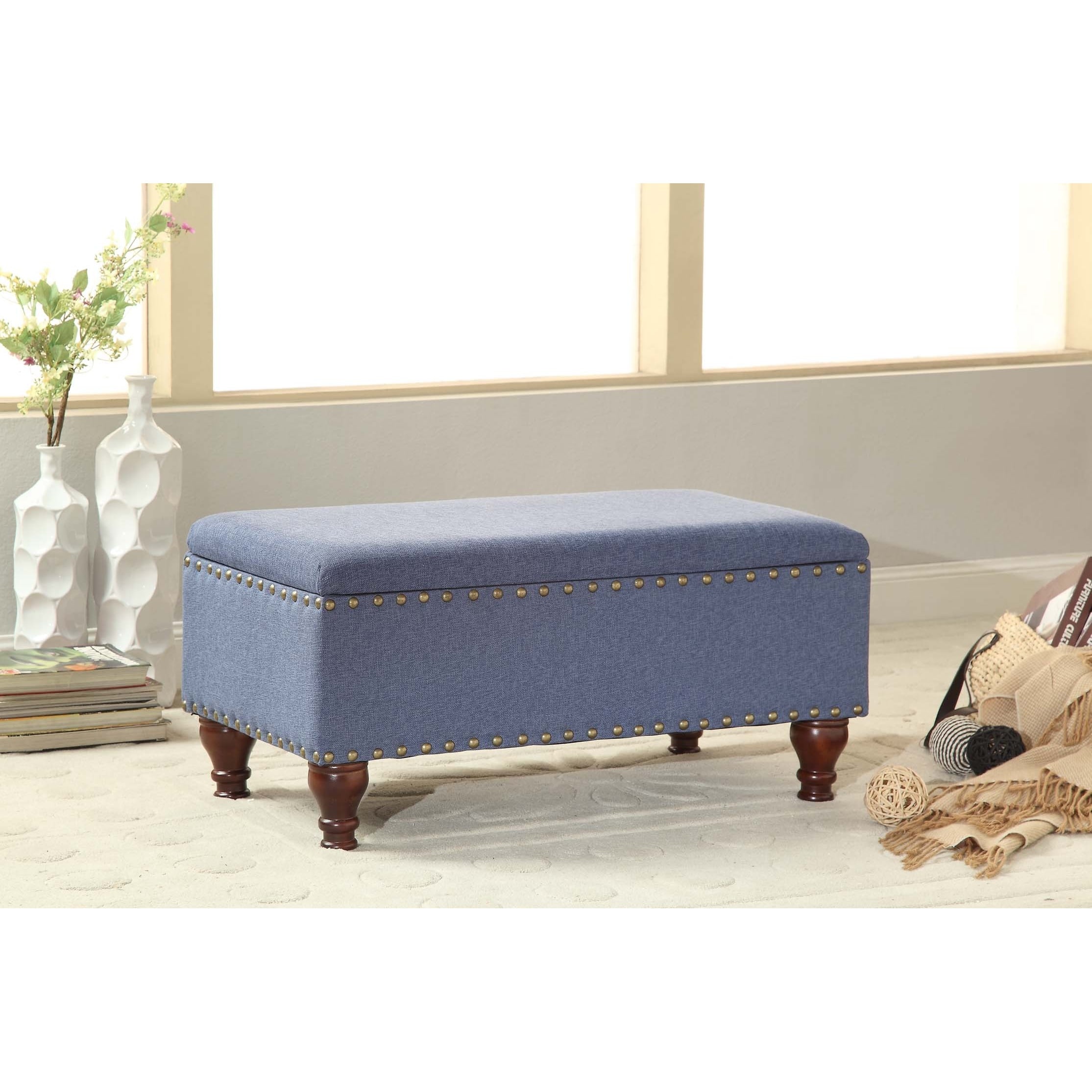 Kinfine Cerulean Blue Nail Head Storage Bench