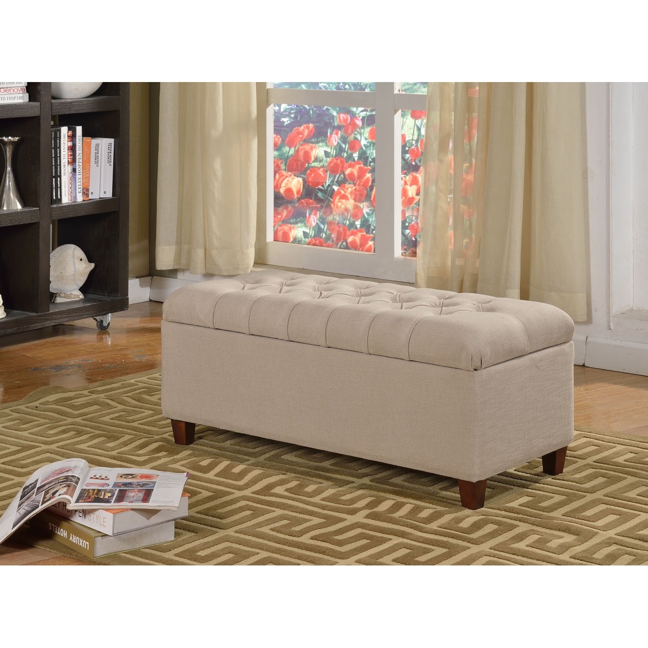 Kinfine Large Khaki Linen Upholstered Button tufted Storage Bench