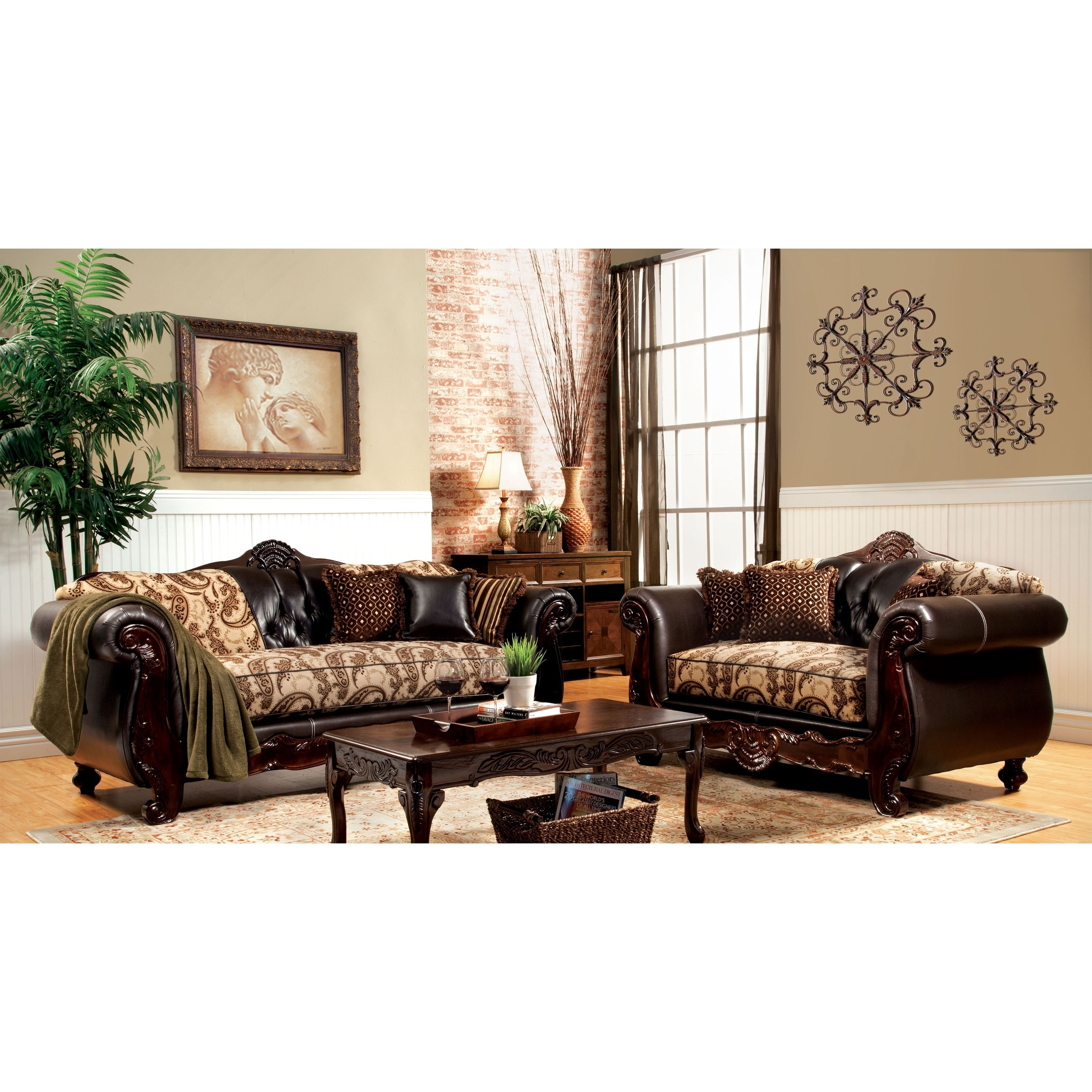 Furniture Of America Marina 2 piece Floral Fabric And Leatherette Sofa And Loveseat Set