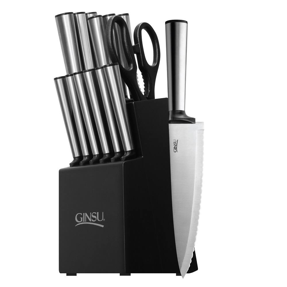 Ginsu Koden Series 14Pc Stainless Steel Serrated Knife Set - Cutlery Set w/ Stainless Steel Kitchen Knives, Black Block
