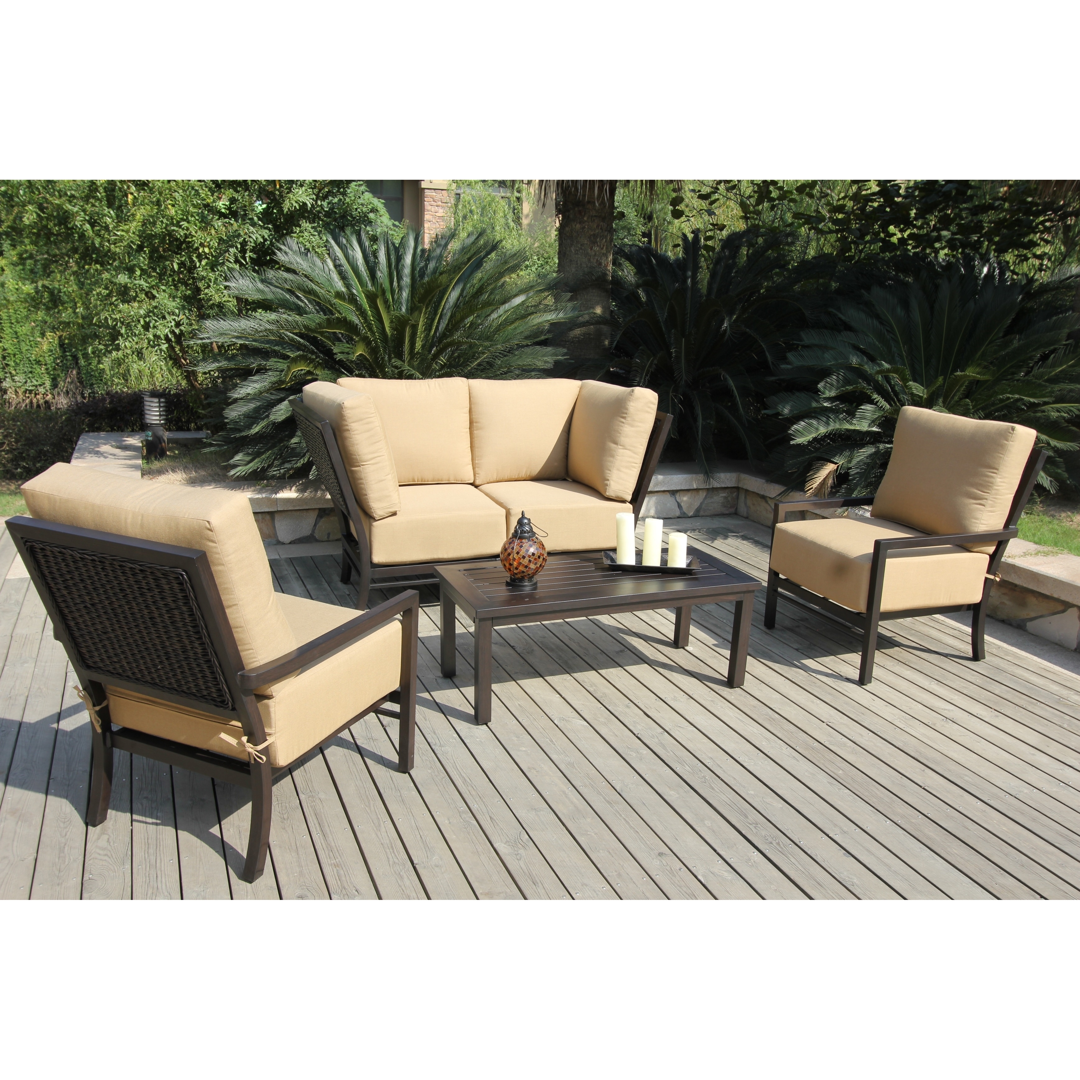 Brookfield Deep seating 5 piece Outdoor Sofa Set (Spectrum sesame cushionsMaterials Cast aluminum, fabric, wickerFinish Midnight black/goldCushions includedWeather resistantUV protectionClub chair dimensions 38 inches high x 28.5 inches wide x 35.75 in