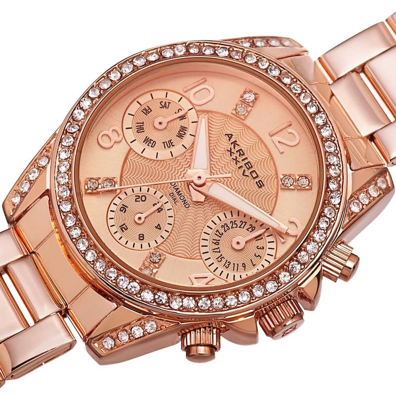 Akribos XXIV Women's Swiss Quartz Diamond-Accented Multifunction Rose-Tone Bracelet Watch