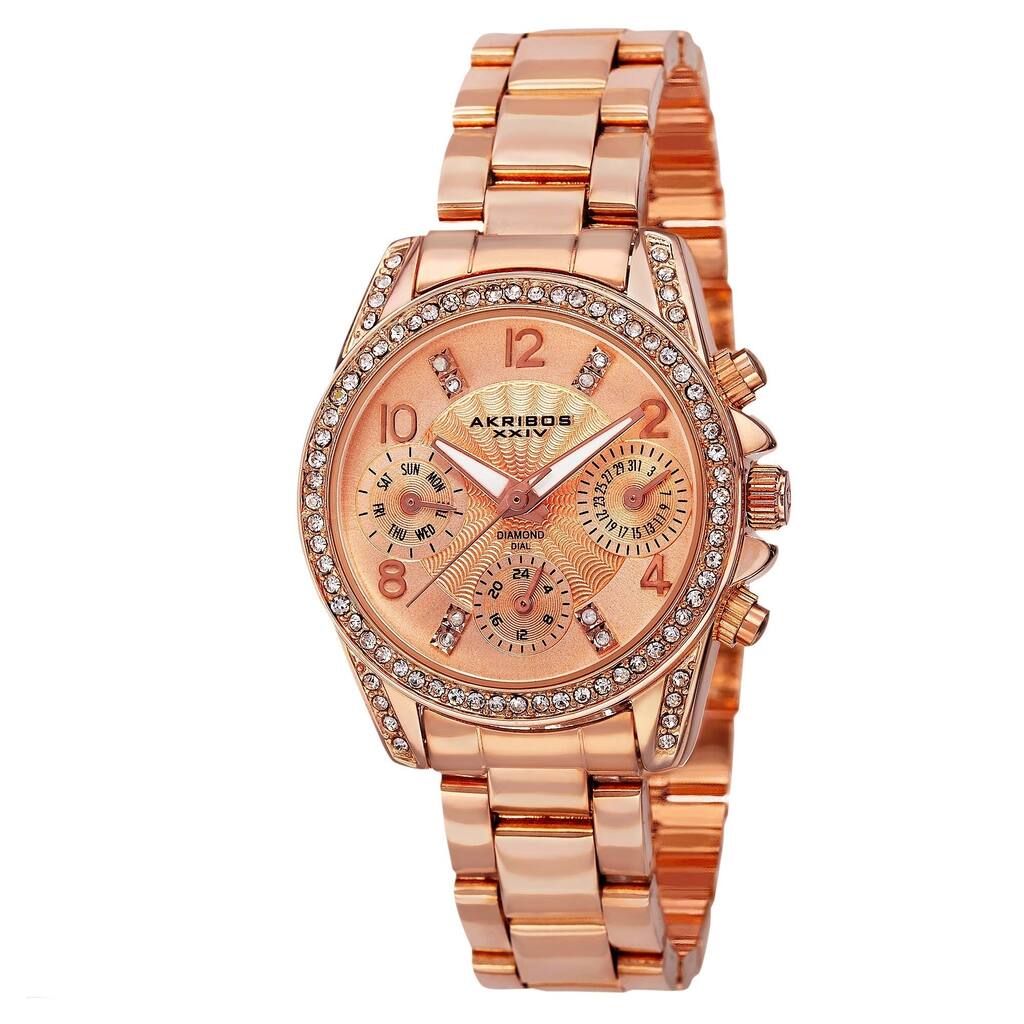 Akribos XXIV Women's Swiss Quartz Diamond-Accented Multifunction Rose-Tone Bracelet Watch