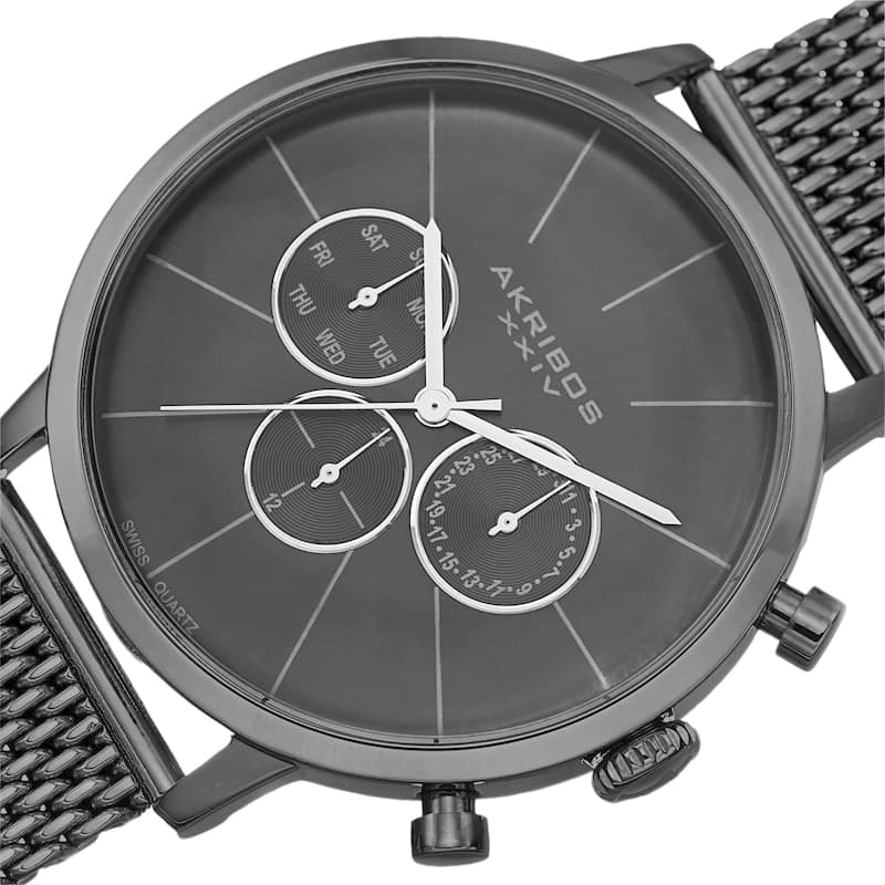 Akribos XXIV Men's Sunray Dial Multifunction Stainless Steel Mesh Black Strap Watch