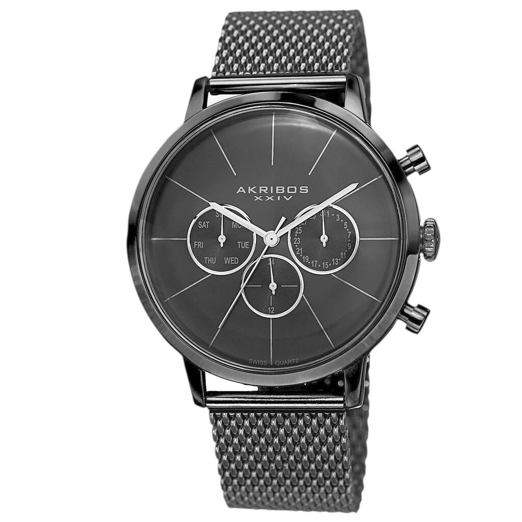Akribos XXIV Men's Sunray Dial Multifunction Stainless Steel Mesh Black Strap Watch
