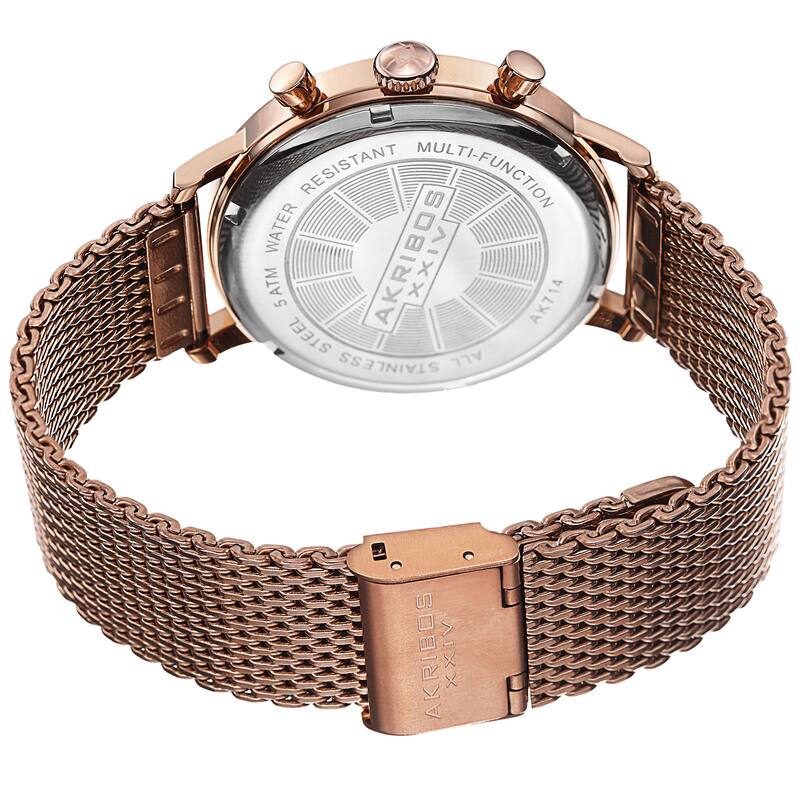 Akribos XXIV Men's Sunray Dial Multifunction Stainless Steel Mesh Rose-Tone Strap Watch