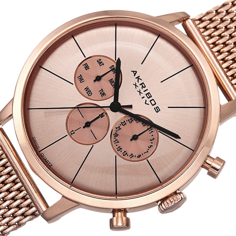 Akribos XXIV Men's Sunray Dial Multifunction Stainless Steel Mesh Rose-Tone Strap Watch