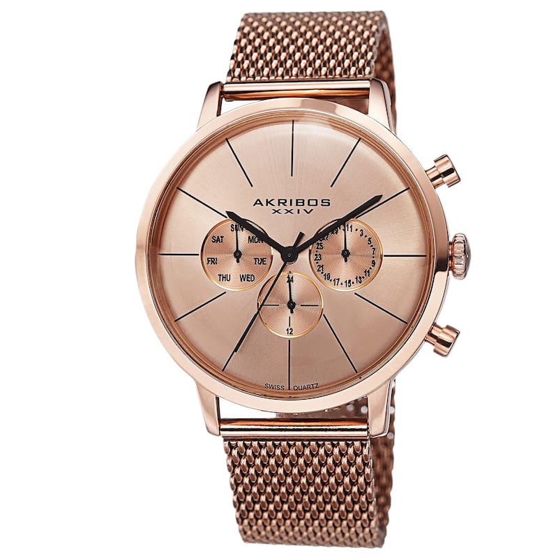 Akribos XXIV Men's Sunray Dial Multifunction Stainless Steel Mesh Rose-Tone Strap Watch
