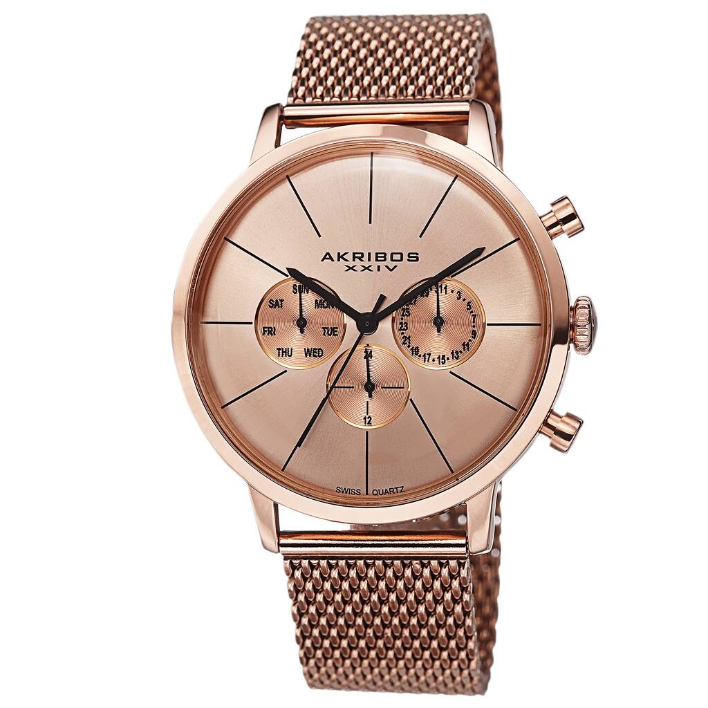 Akribos XXIV Men's Sunray Dial Multifunction Stainless Steel Mesh Rose-Tone Strap Watch