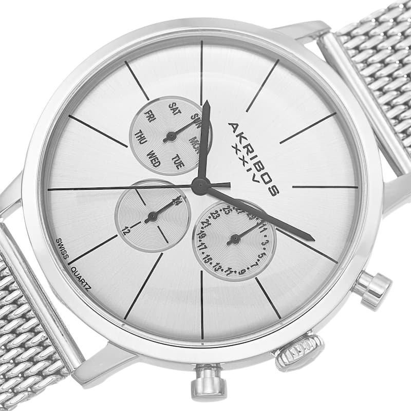 Akribos XXIV Men's Sunray Dial Multifunction Stainless Steel Mesh Silver-Tone Strap Watch