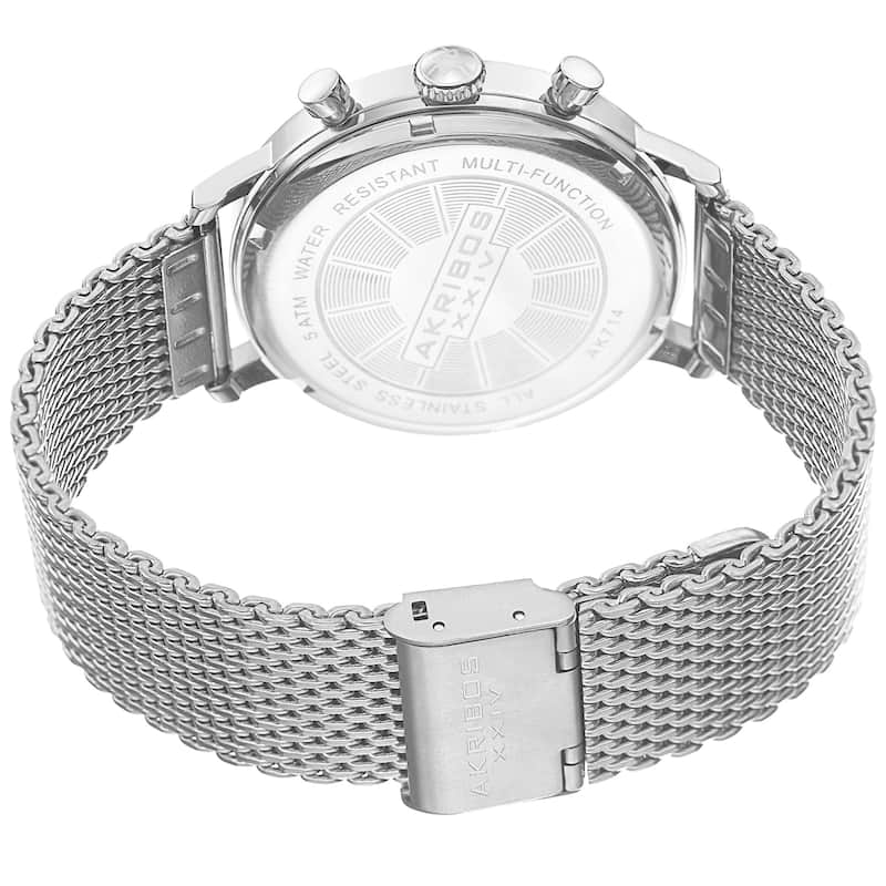 Akribos XXIV Men's Sunray Dial Multifunction Stainless Steel Mesh Silver-Tone Strap Watch