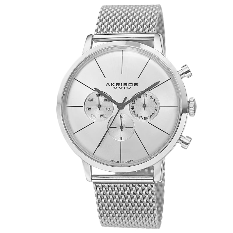 Akribos XXIV Men's Sunray Dial Multifunction Stainless Steel Mesh Silver-Tone Strap Watch