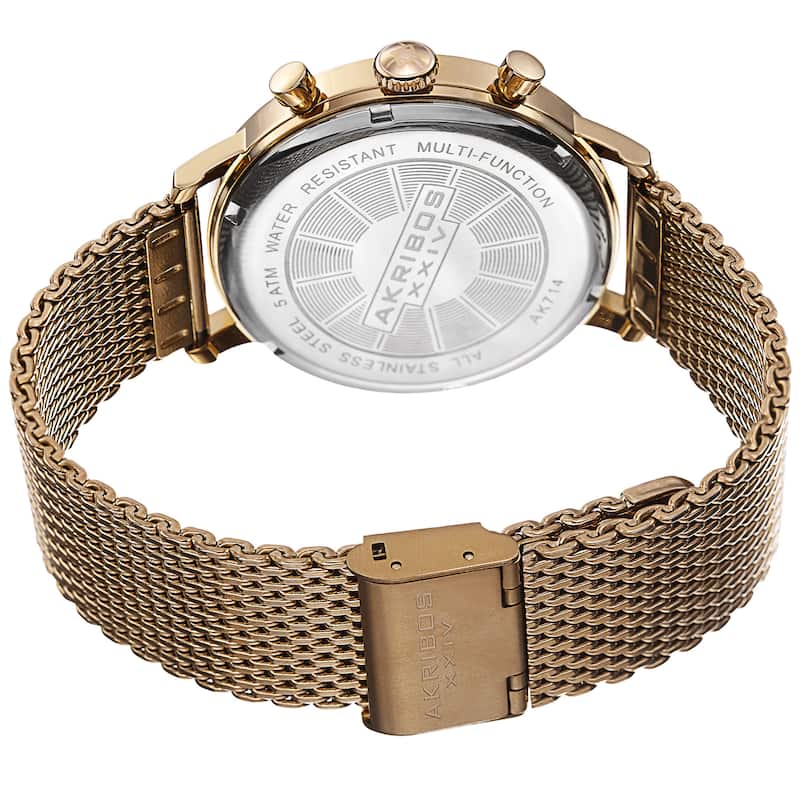 Akribos XXIV Men's Sunray Dial Multifunction Stainless Steel Mesh Gold-Tone Strap Watch