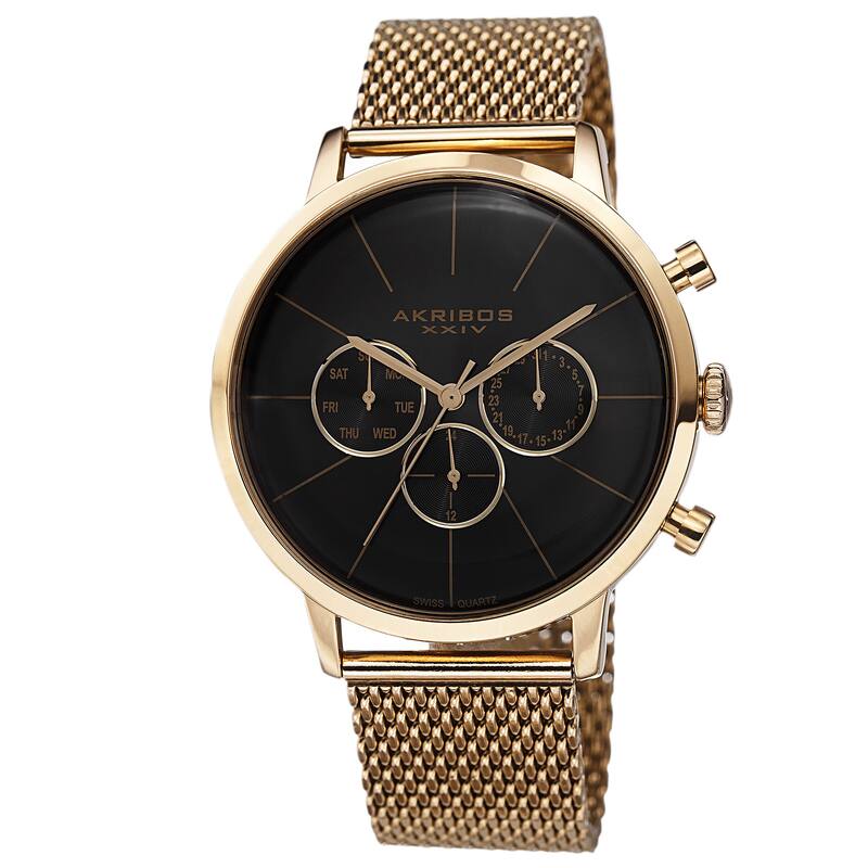 Akribos XXIV Men's Sunray Dial Multifunction Stainless Steel Mesh Gold-Tone Strap Watch