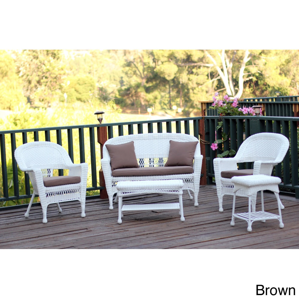 Zest Avenue White Wicker 5 piece Conversation Set With Cushions Brown Size 5 Piece Sets