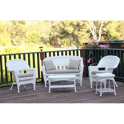 White Wicker 5-piece Conversation Set with Cushions