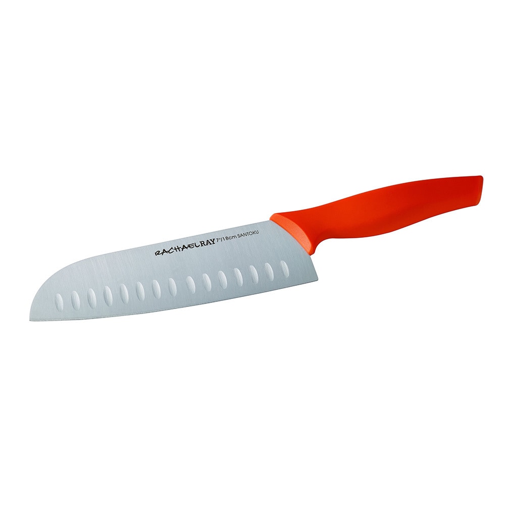 Rachael Ray Cutlery 7 inch Japanese Stainless Steel Santoku Knife With Orange Handle And Sheath (Stainless steel core with plastic and santoprene overmold Care instructions Hand wash onlyCrafted from top quality Japanese stainless steel for keen and long