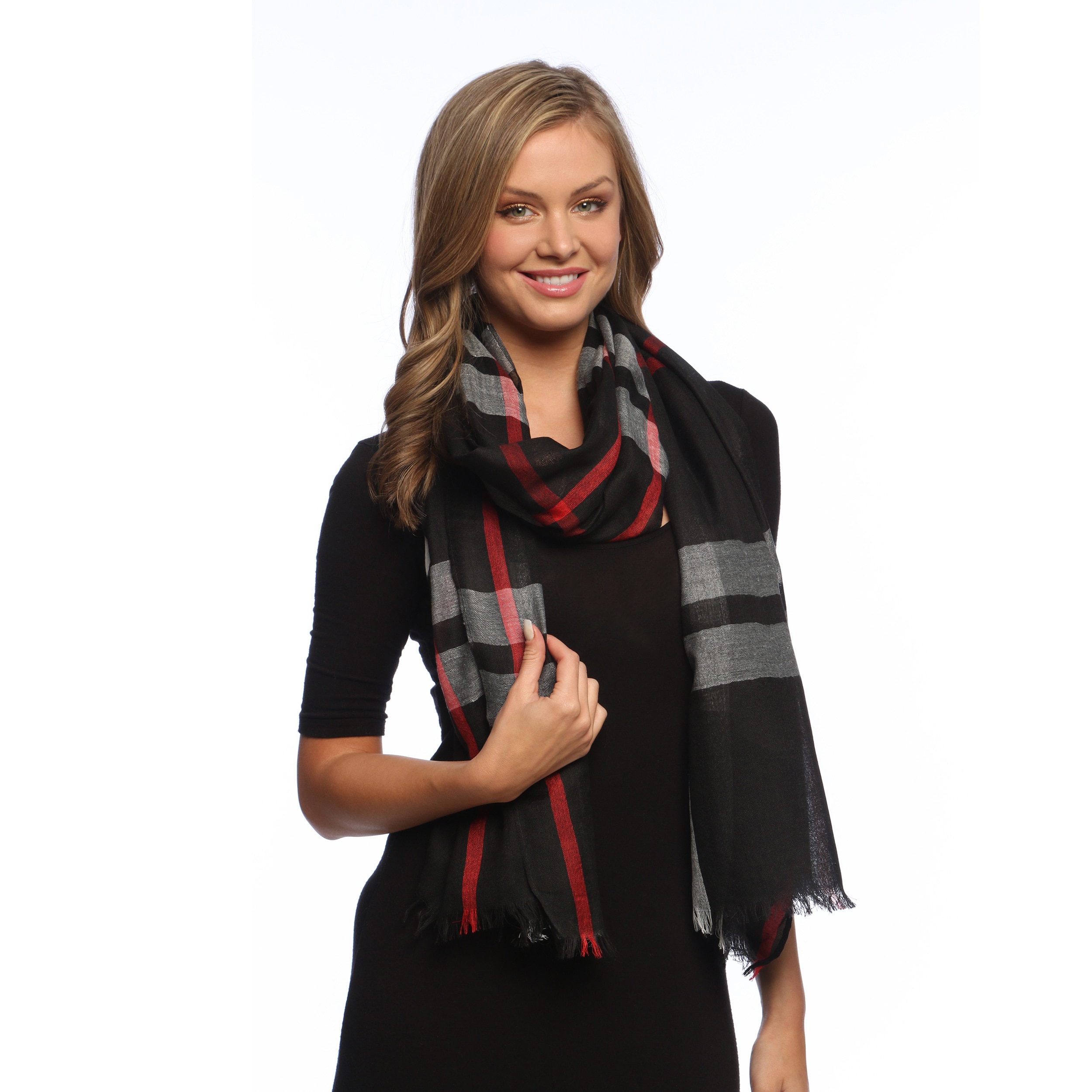 Peach Couture Black Checkerboard Plaid Scarf/ Shawl Black Size Large