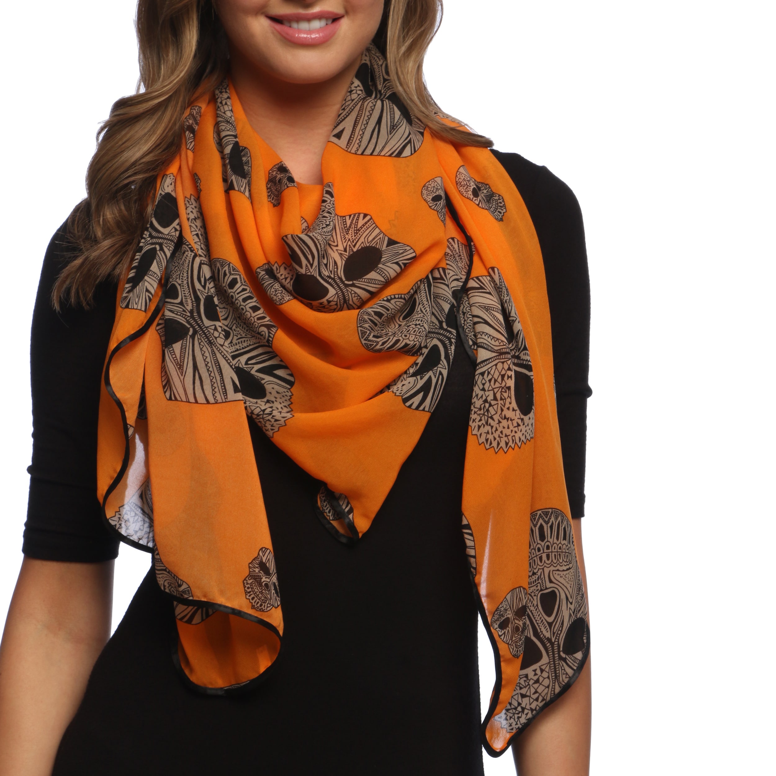 Peach Couture Orange Aztec Skull Print Chiffon Fashion Scarf Orange Size Large