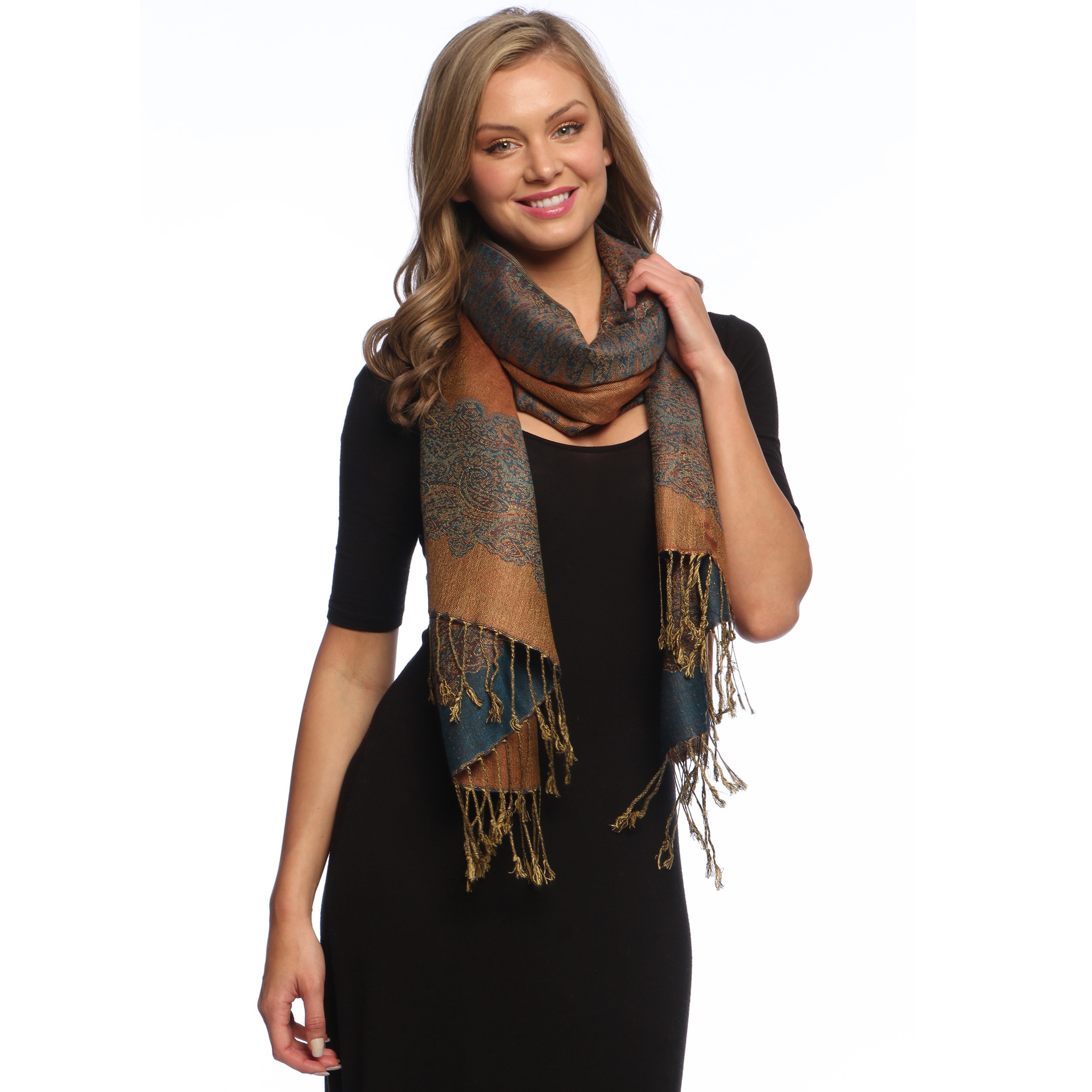 Dark Blue/ Gold Reversible Braided Fringe Pashmina Shawl Wrap