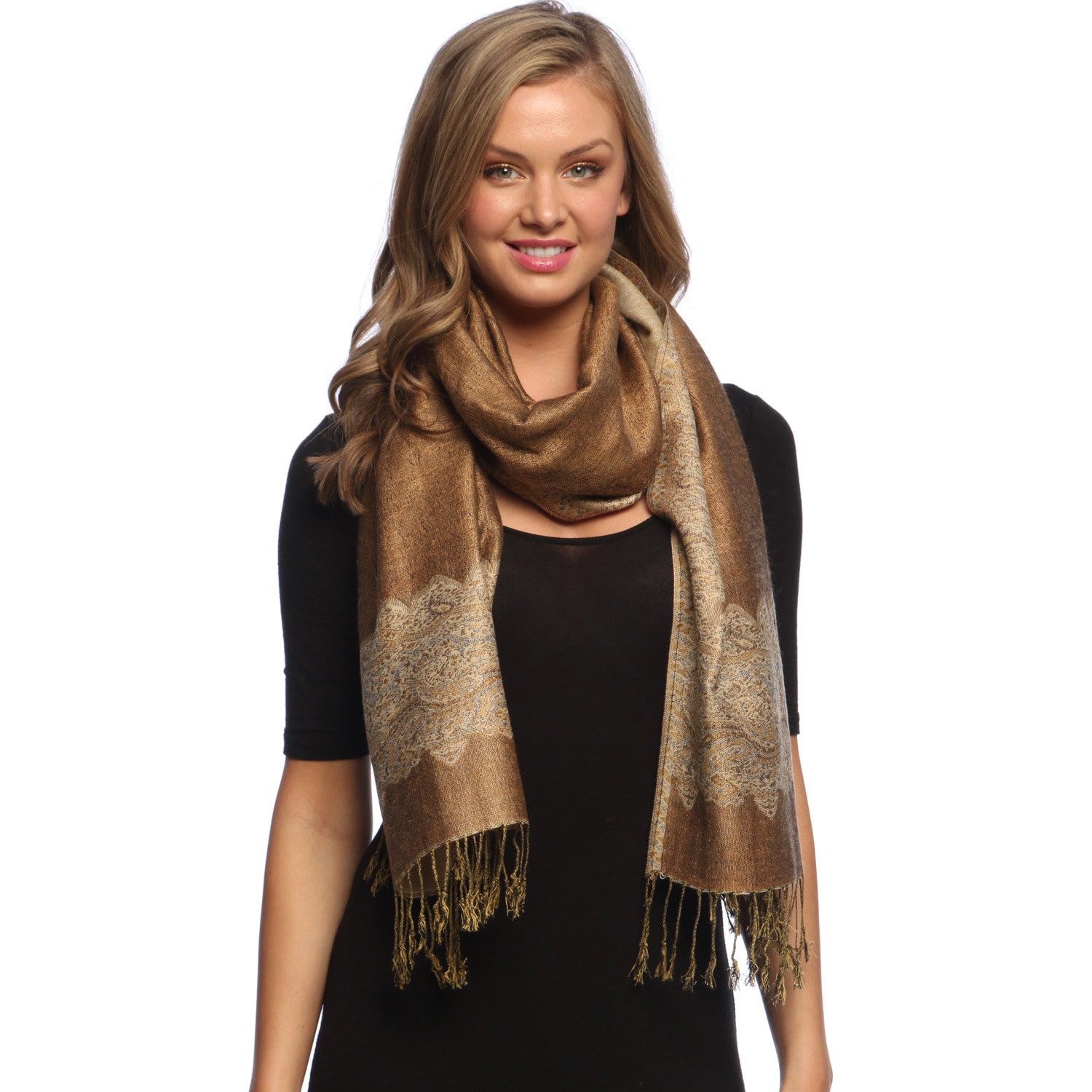 Khaki/ Gold Reversible Braided Fringe Shawl Wrap