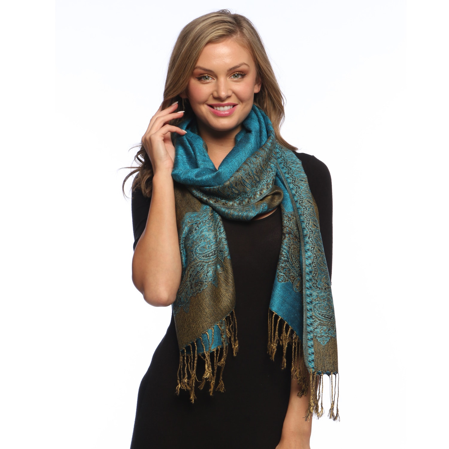 Teal/ Gold Reversible Braided Fringe Shawl Wrap