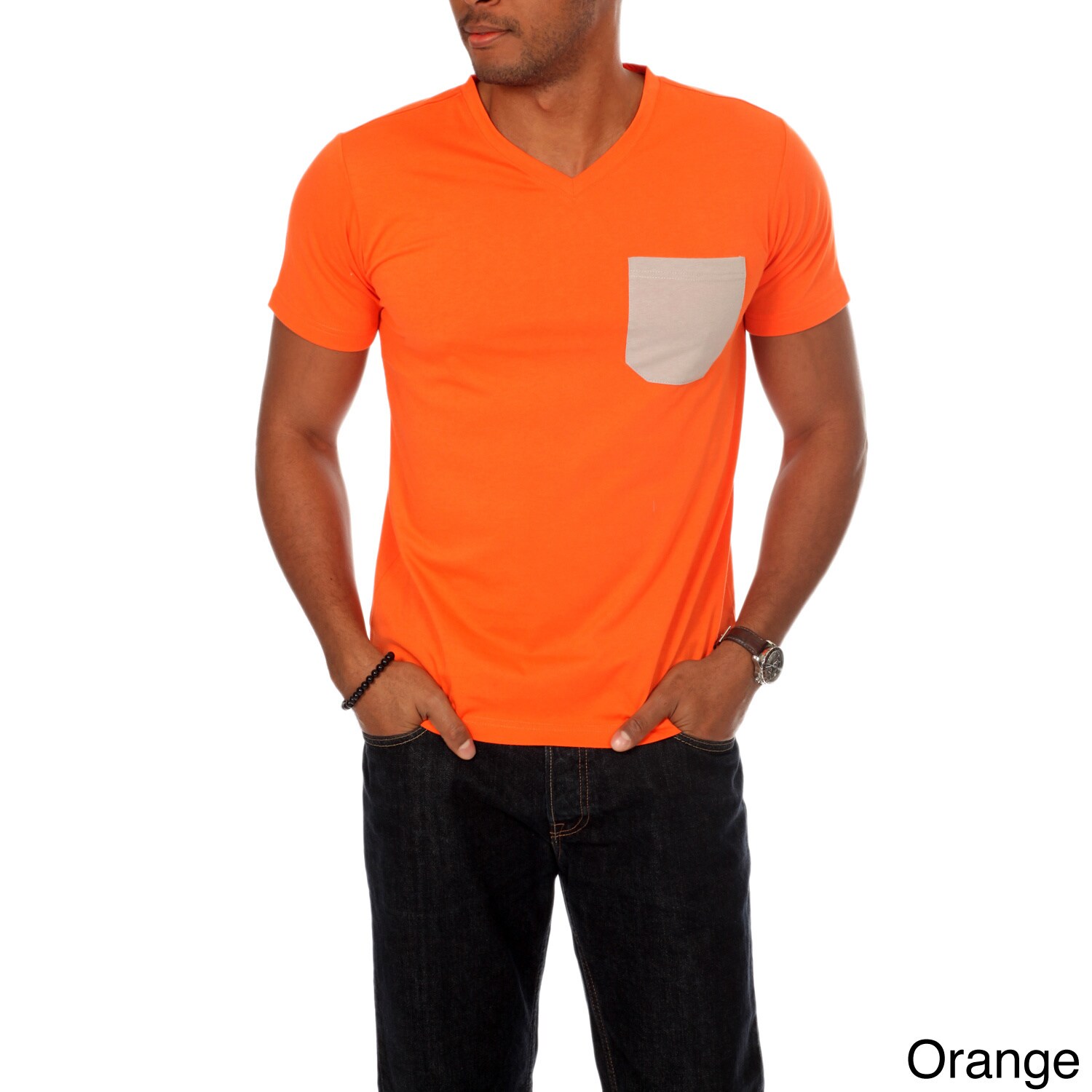 Something Strong Oxymoron Mens Contrast Pocket Solid V neck Tee Orange Size S