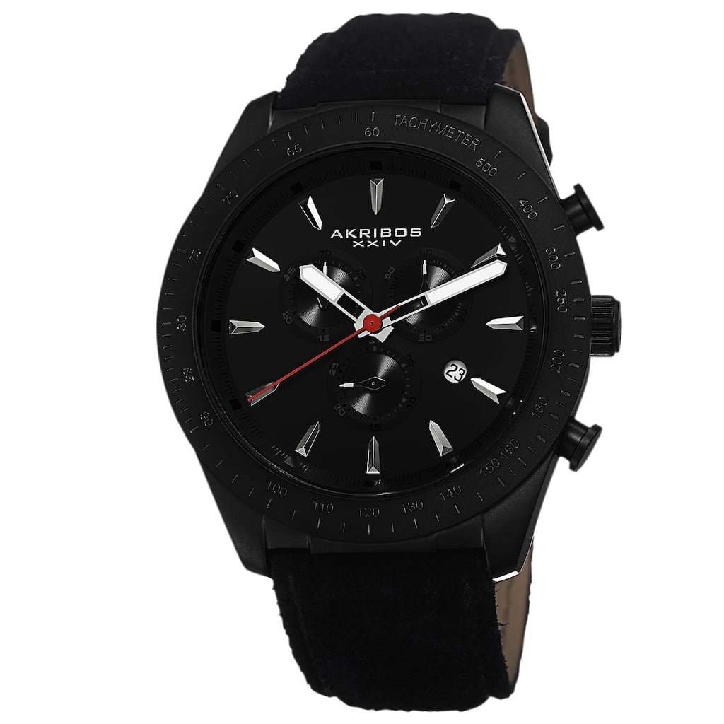 Akribos XXIV Men's Swiss Quartz Chronograph Leather-Suede Black Strap Watch