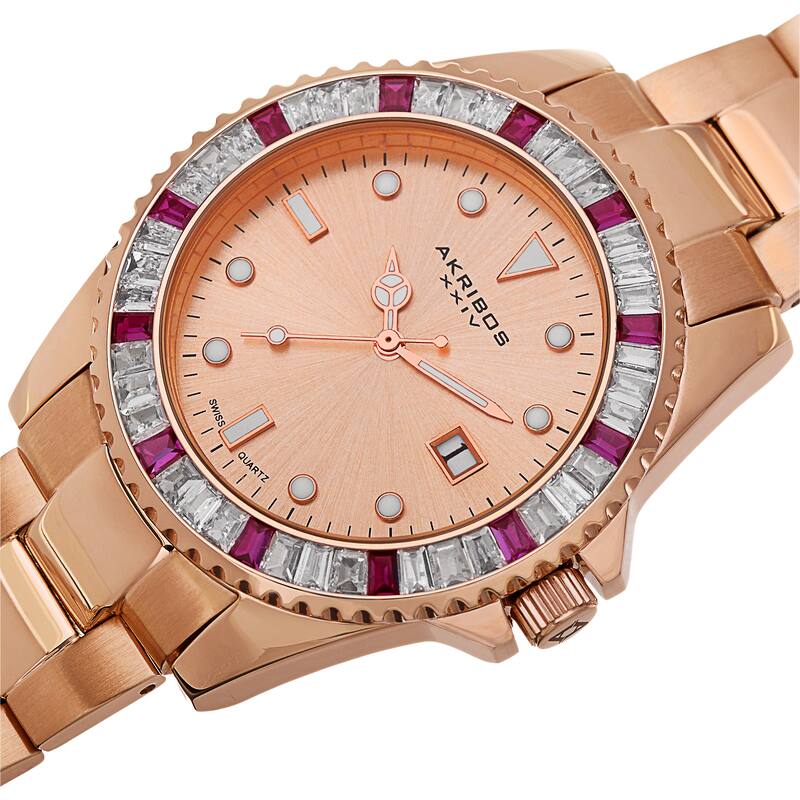 Akribos XXIV Men's Swiss Quartz Crystal Bezel Stainless Steel Rose-Tone Bracelet Watch