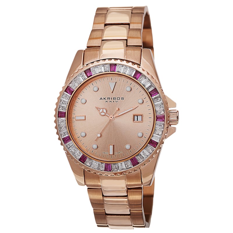 Akribos XXIV Men's Swiss Quartz Crystal Bezel Stainless Steel Rose-Tone Bracelet Watch
