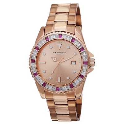 Akribos XXIV Men's Swiss Quartz Crystal Bezel Stainless Steel Rose-Tone Bracelet Watch