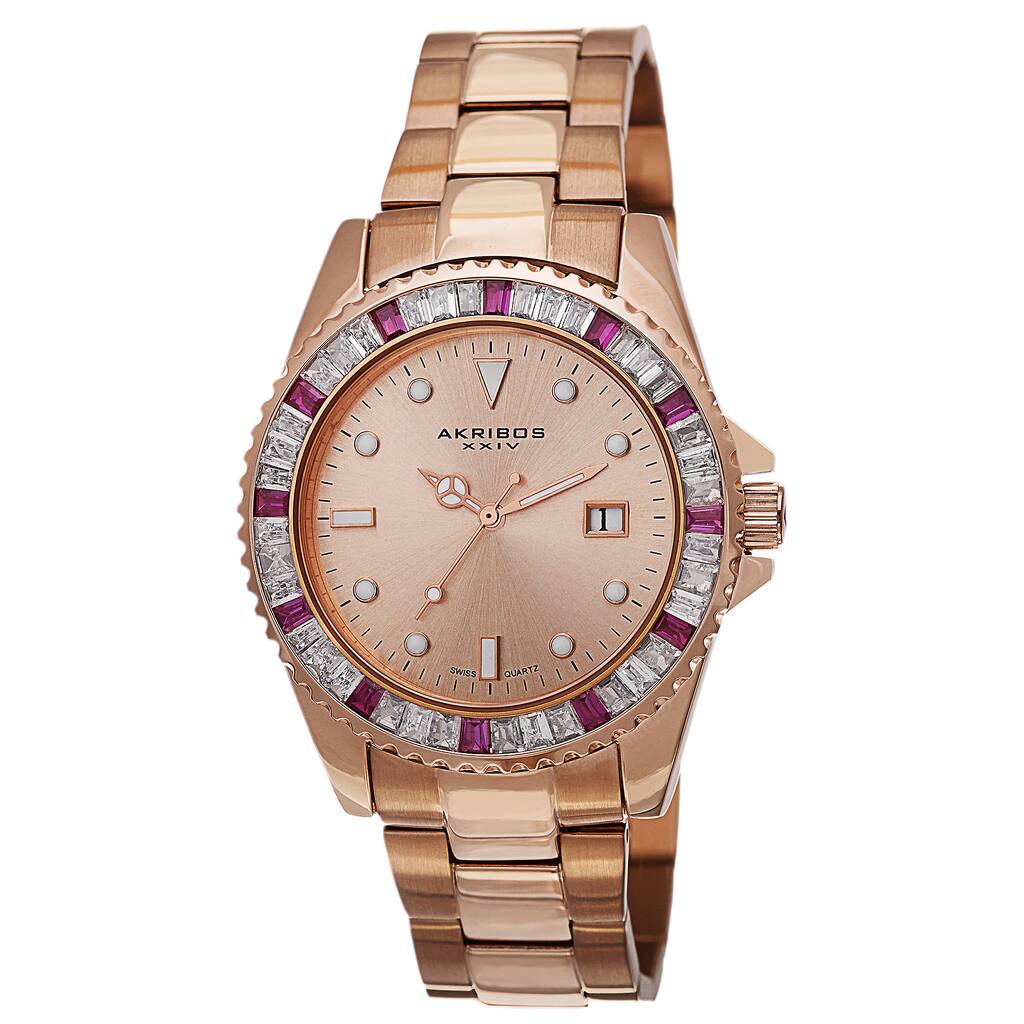 Akribos XXIV Men's Swiss Quartz Crystal Bezel Stainless Steel Rose-Tone Bracelet Watch