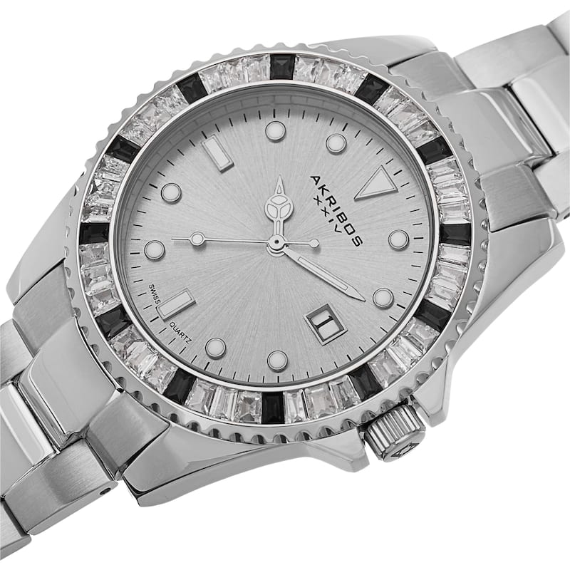 Akribos XXIV Men's Swiss Quartz Crystal Bezel Stainless Steel Silver-Tone Bracelet Watch