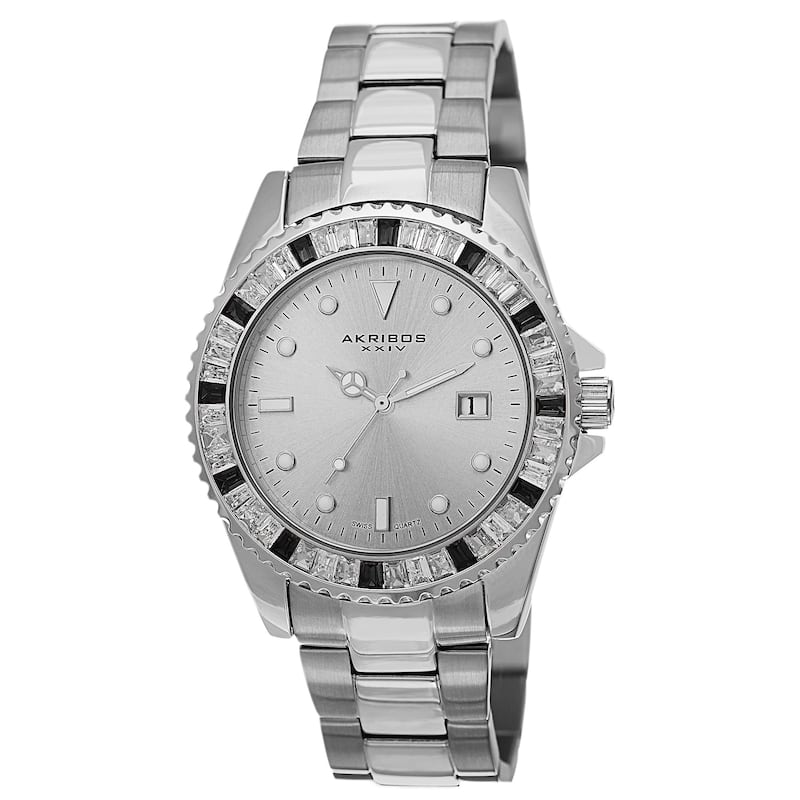 Akribos XXIV Men's Swiss Quartz Crystal Bezel Stainless Steel Silver-Tone Bracelet Watch