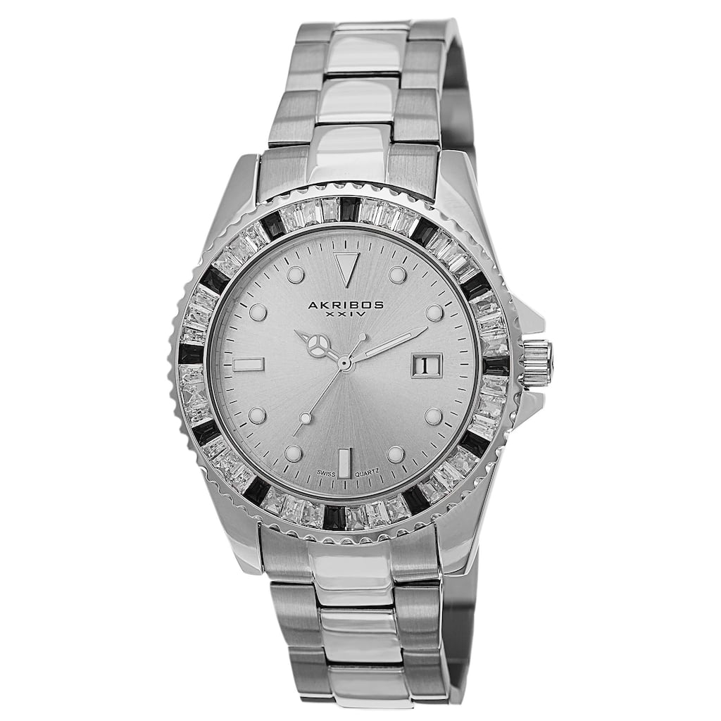 Akribos XXIV Men's Swiss Quartz Crystal Bezel Stainless Steel Silver-Tone Bracelet Watch