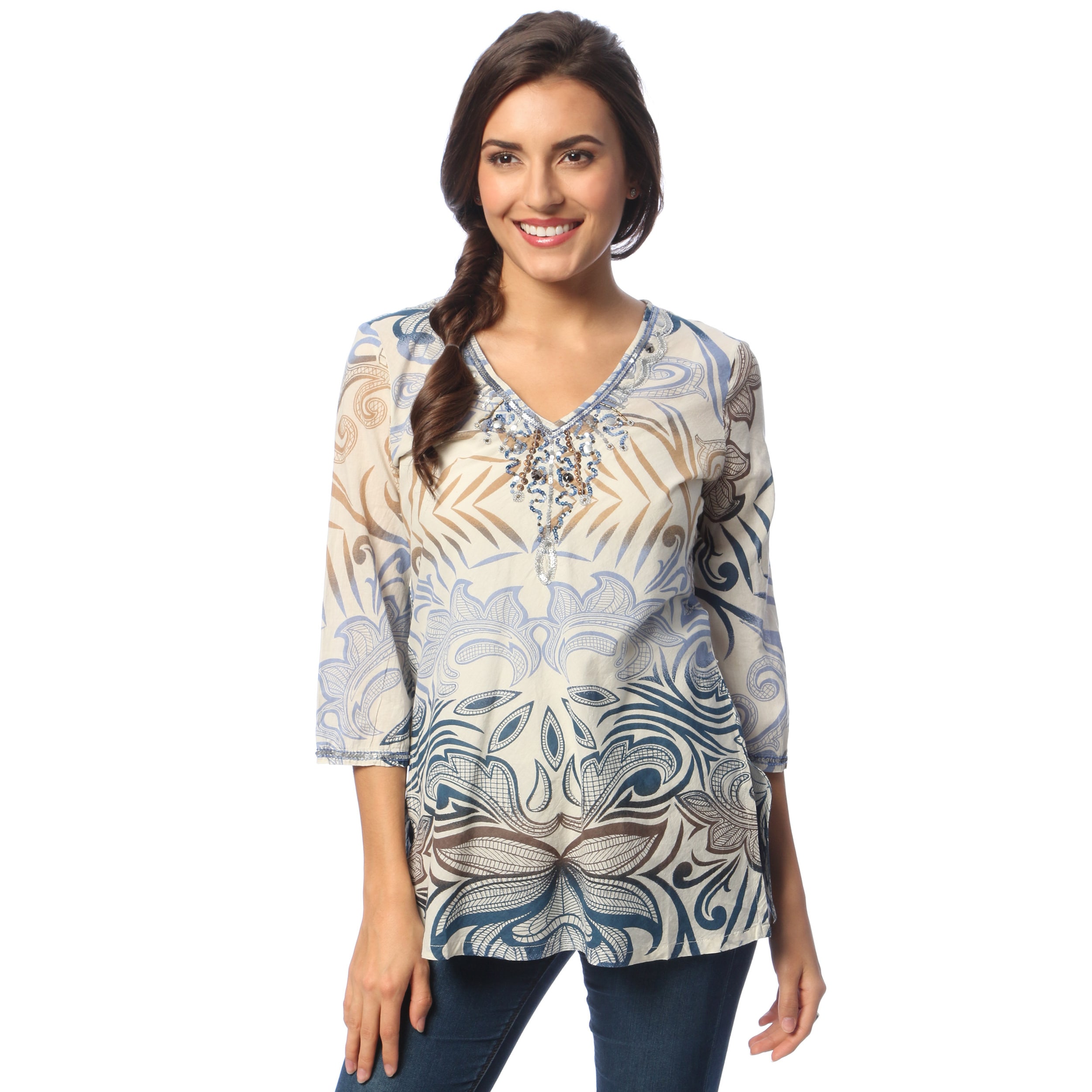 La Cera Womens Ivory/ Blue Abstract Print Tunic   Shopping