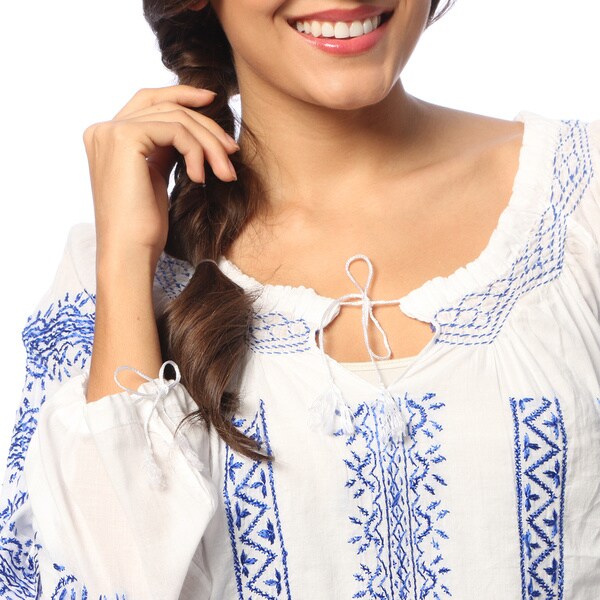 blue and white peasant top